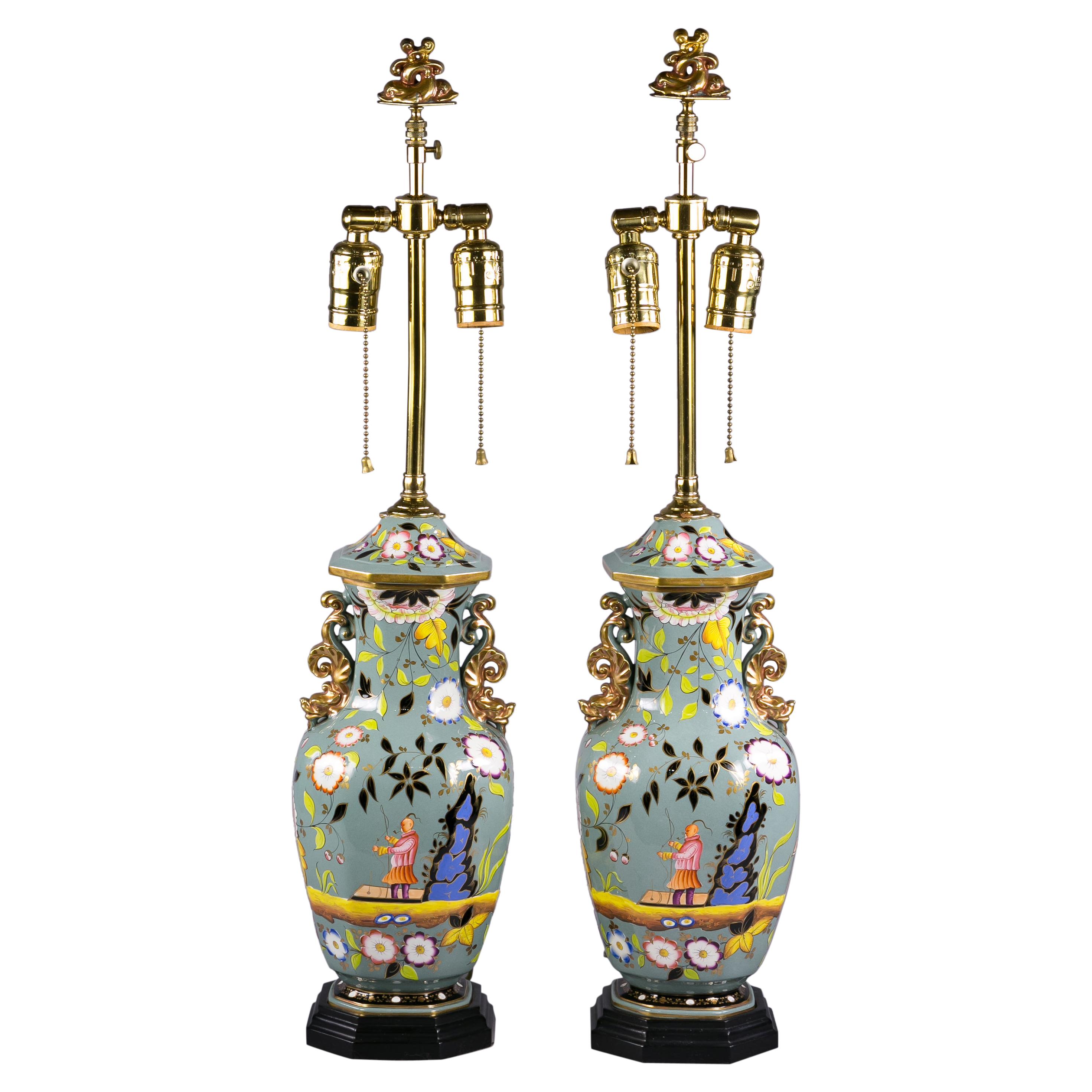 Pair of English Porcelain "Mason's Stoneware" Lamps, circa 1820 For Sale