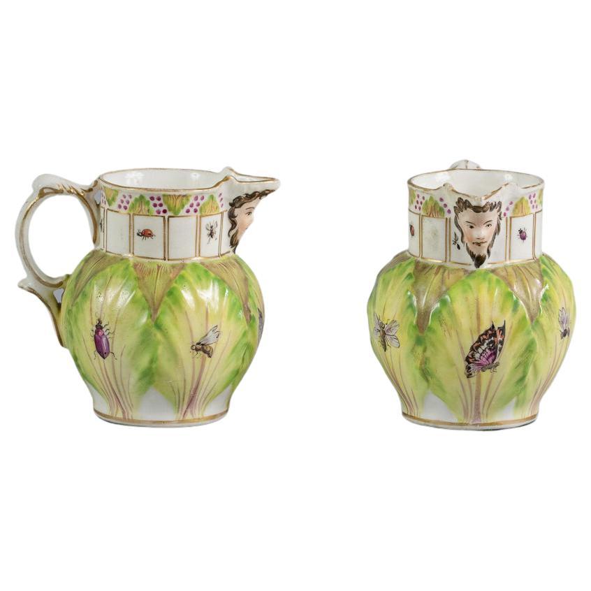 Pair of English Porcelain Mini Cabbage Leaf Jugs, circa 1785 For Sale
