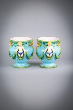 Pair of English Porcelain Minton Majolica Cachepots, circa 1880