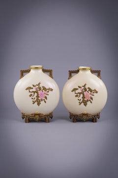 Pair of English Porcelain Moon Flask Vases, Royal Worcester, circa 1880