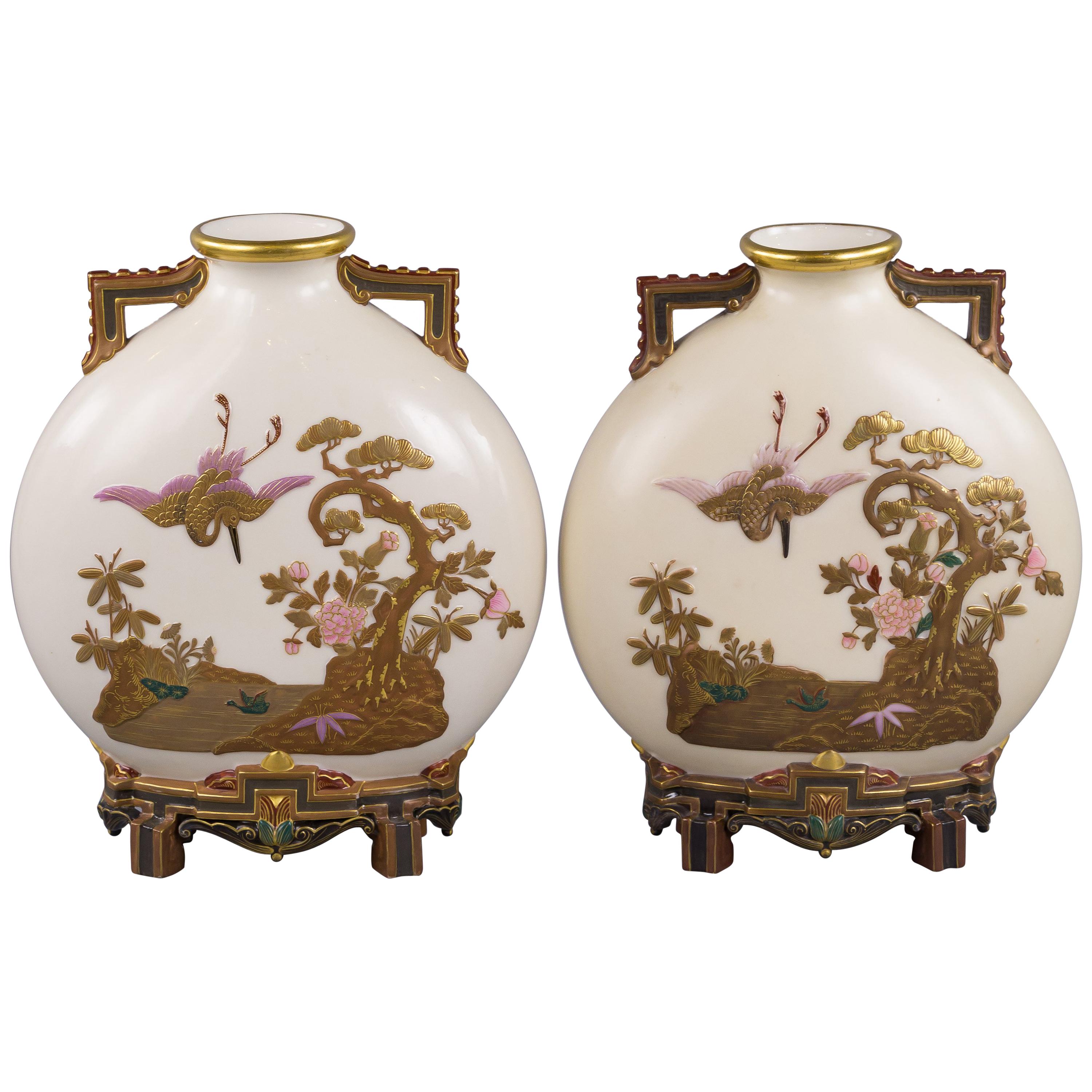Pair of English Porcelain Moon Flask Vases, Royal Worcester, circa 1880 For Sale