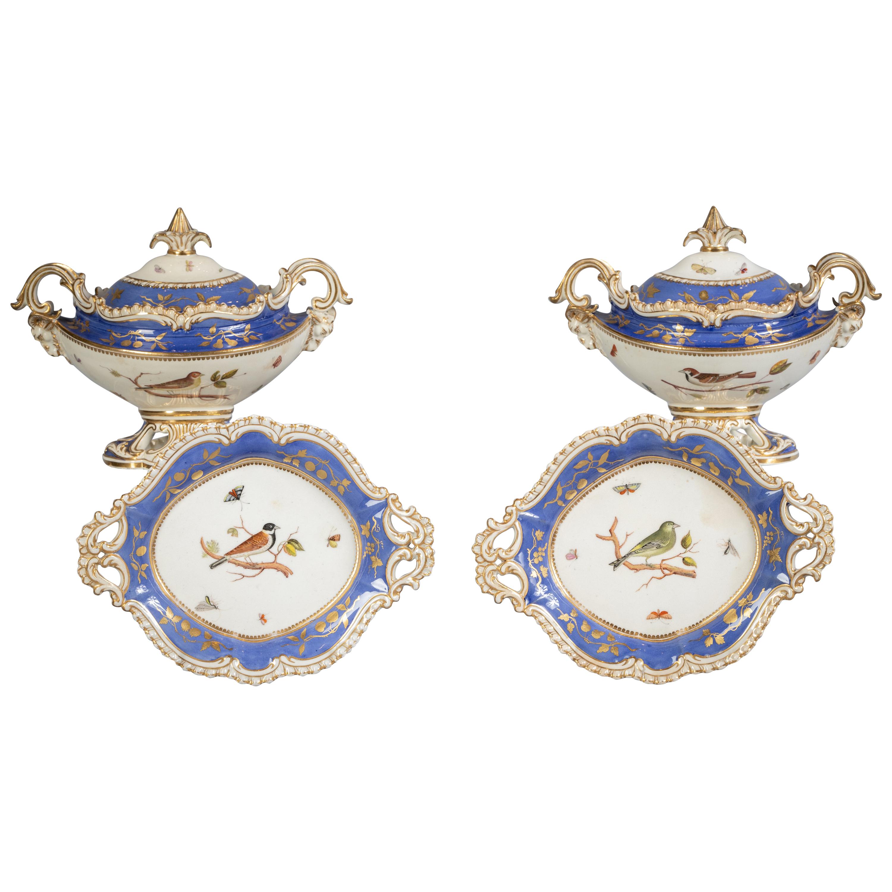 Pair of English Porcelain Ornithological Sauce Tureens on Stands, circa 1820