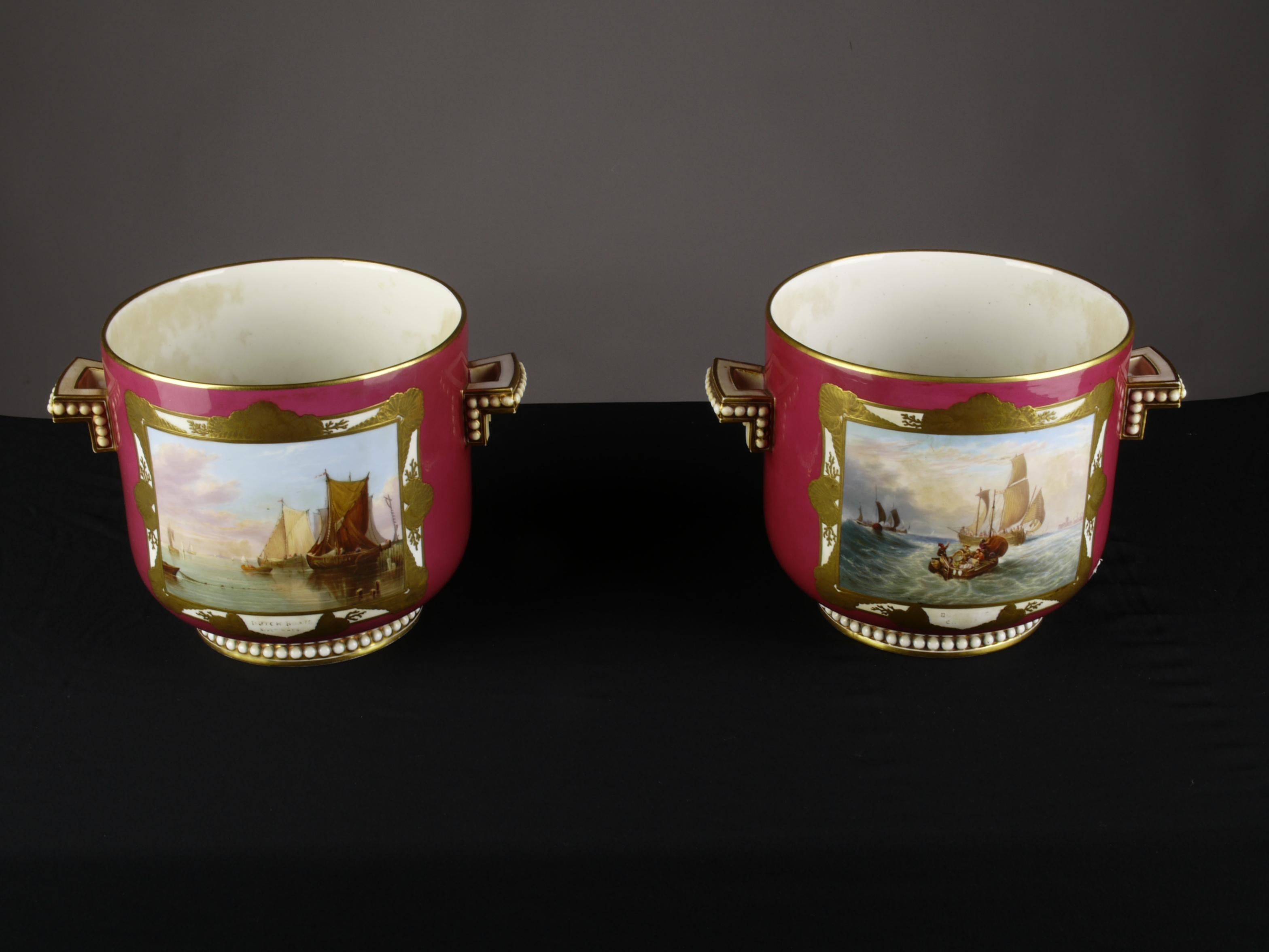 Hand-Painted Pair of English Porcelain Planters Maritime and Landscape Paintings, circa 1850 For Sale