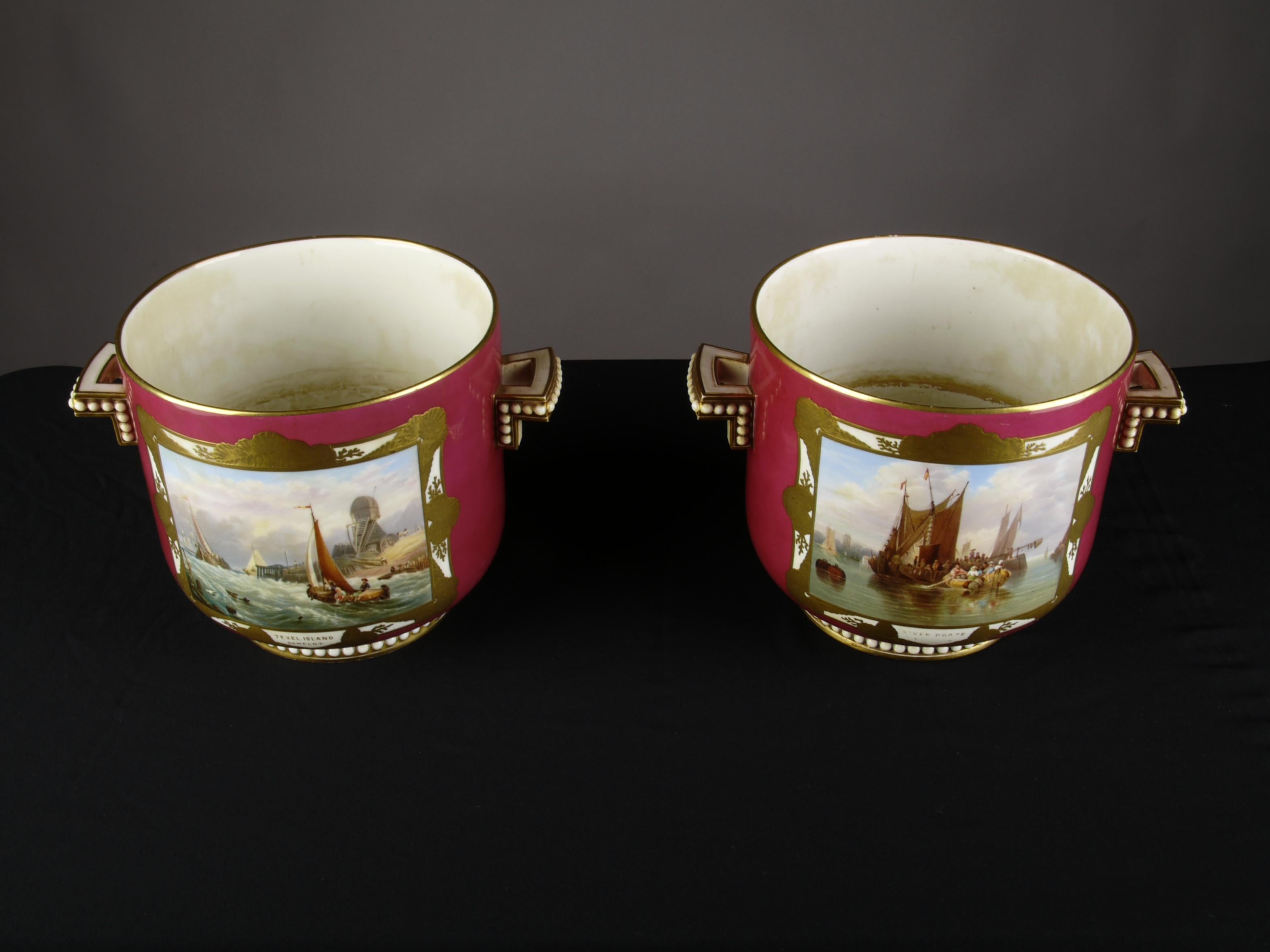 Pair of English Porcelain Planters Maritime and Landscape Paintings, circa 1850 In Good Condition For Sale In Berlin, DE