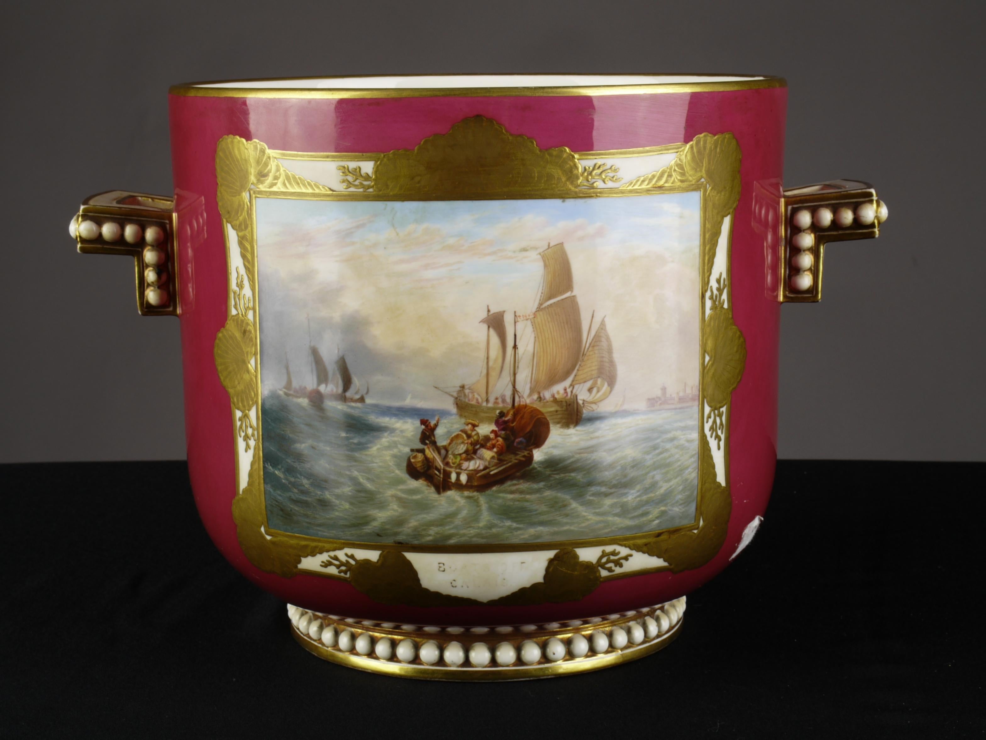 19th Century Pair of English Porcelain Planters Maritime and Landscape Paintings, circa 1850 For Sale