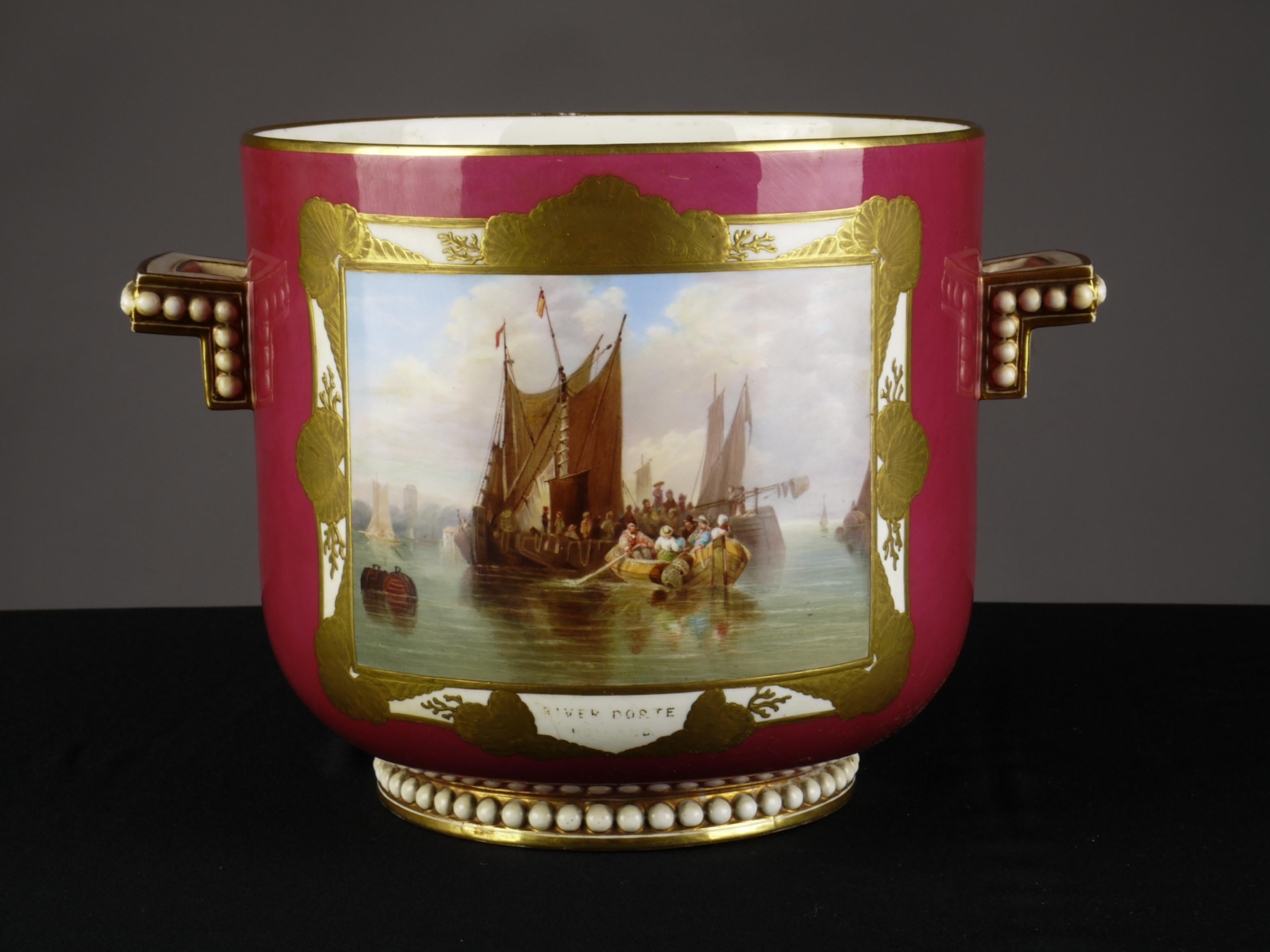 Porcelaine Paire de jardinières en porcelaine anglaise Peintures maritimes et de paysages, vers 1850 en vente