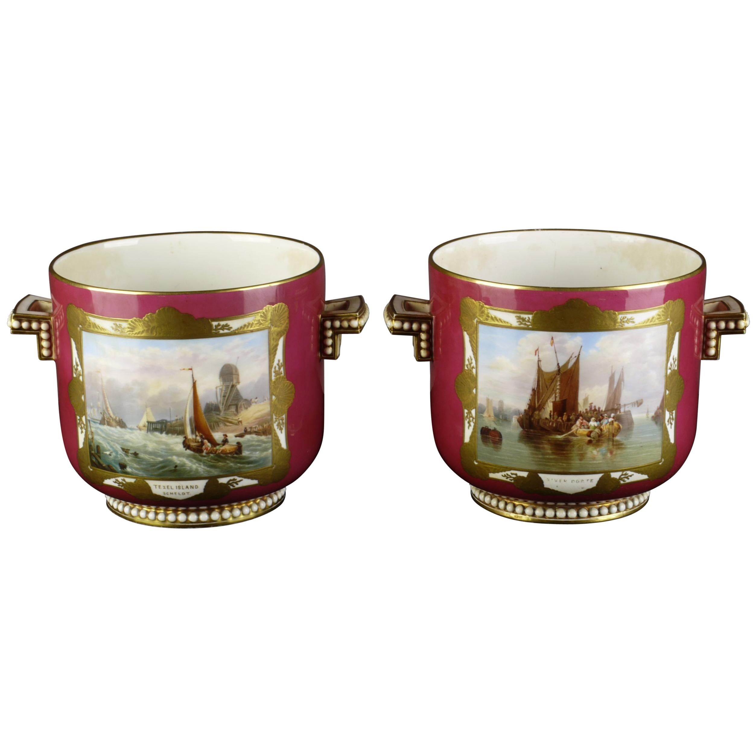 Pair of English Porcelain Planters Maritime and Landscape Paintings, circa 1850 For Sale