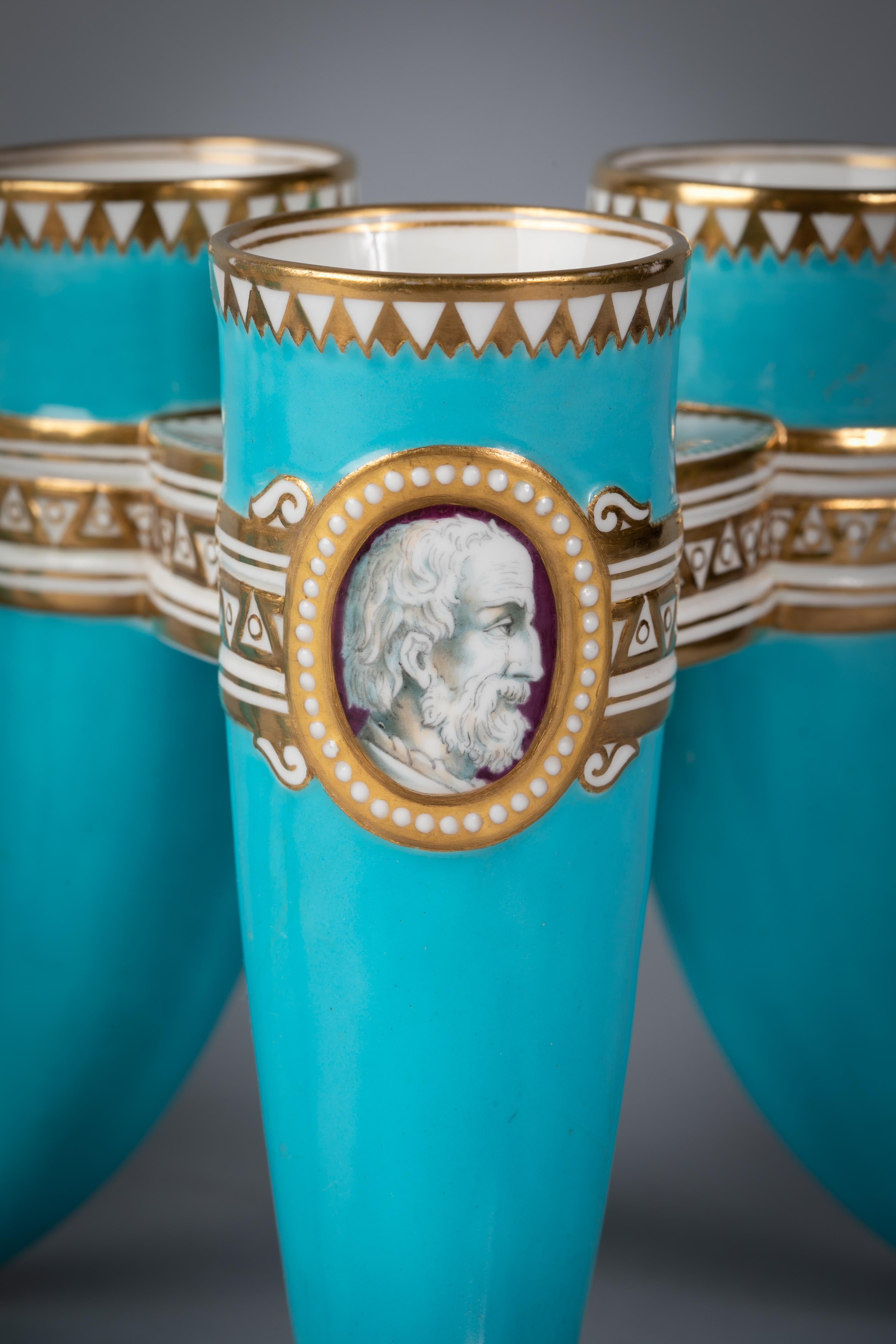 Mid-19th Century Pair of English Porcelain Three-Footed Vases, Minton, Dated 1865 For Sale