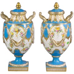 Antique Pair of English Porcelain Two Handled Covered Vases, circa 1850