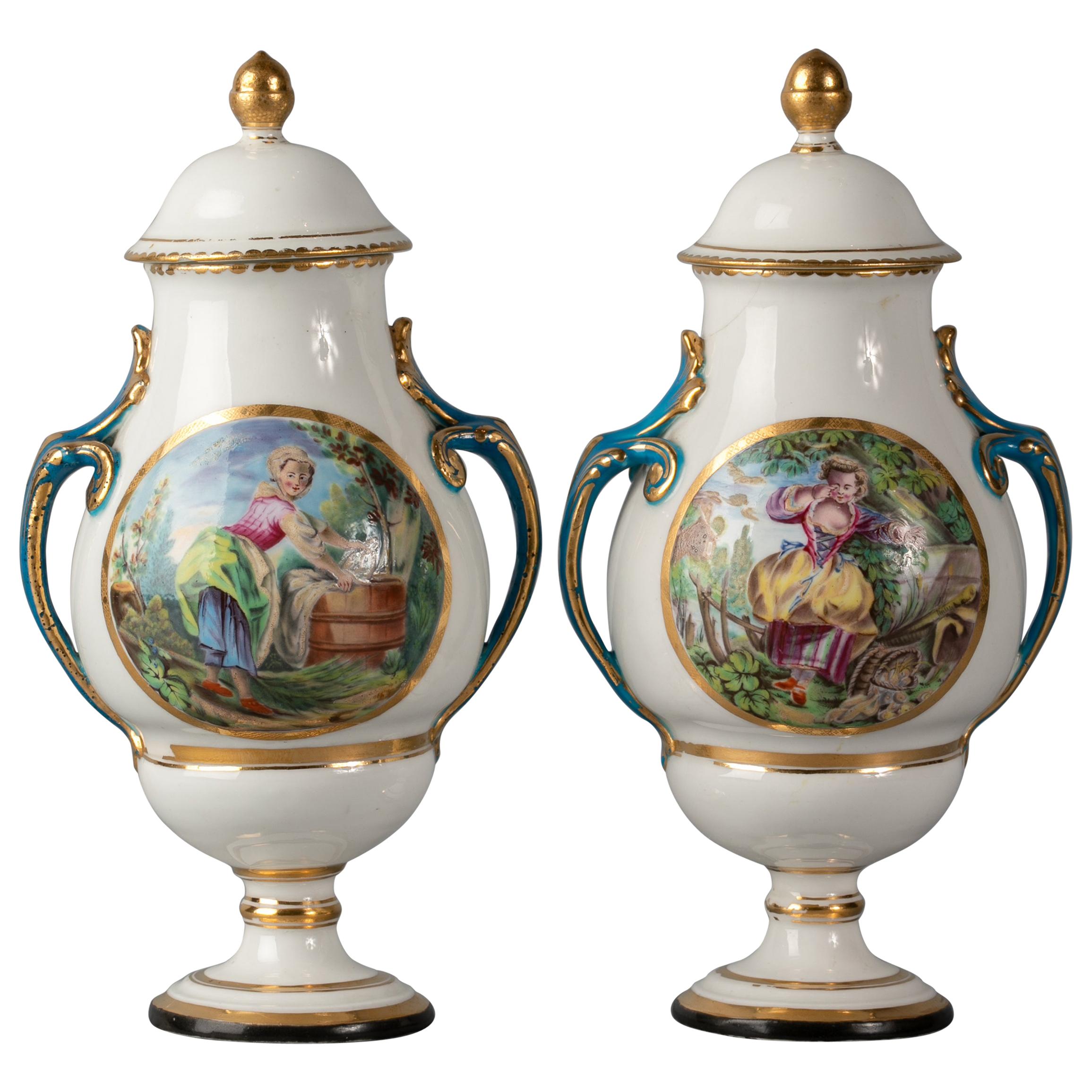 Pair of English Porcelain Two Handled Covered Vases, Derby, circa 1770