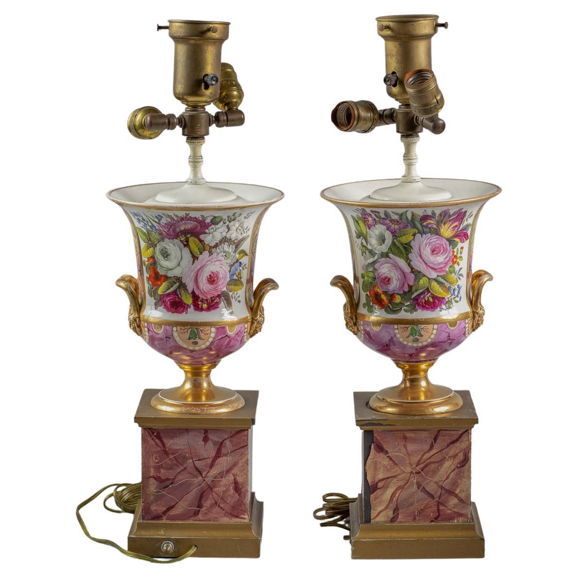 Pair of English Porcelain Two-Handled Marbleized Lamps, Coalport, circa 1840 For Sale