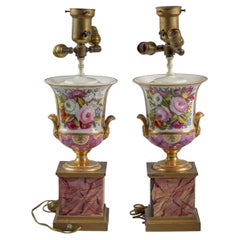 Antique Pair of English Porcelain Two-Handled Marbleized Lamps, Coalport, circa 1840