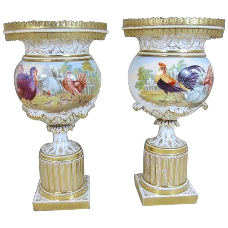 Pair of English 'Possibly Minton' Porcelain Hand-Painted Vases For Sale