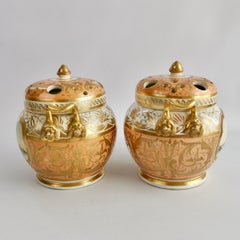 Pair of English Potpourri Pots, Peach with Exotic Birds, Regency ca 1820