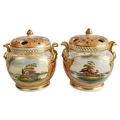 Pair of English Potpourri Pots, Peach with Exotic Birds, Regency ca 1820
