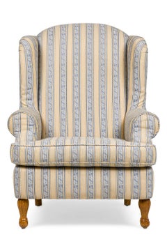 Pair of English Queen Anne Blue and Off-White striped WIng Back Chairs