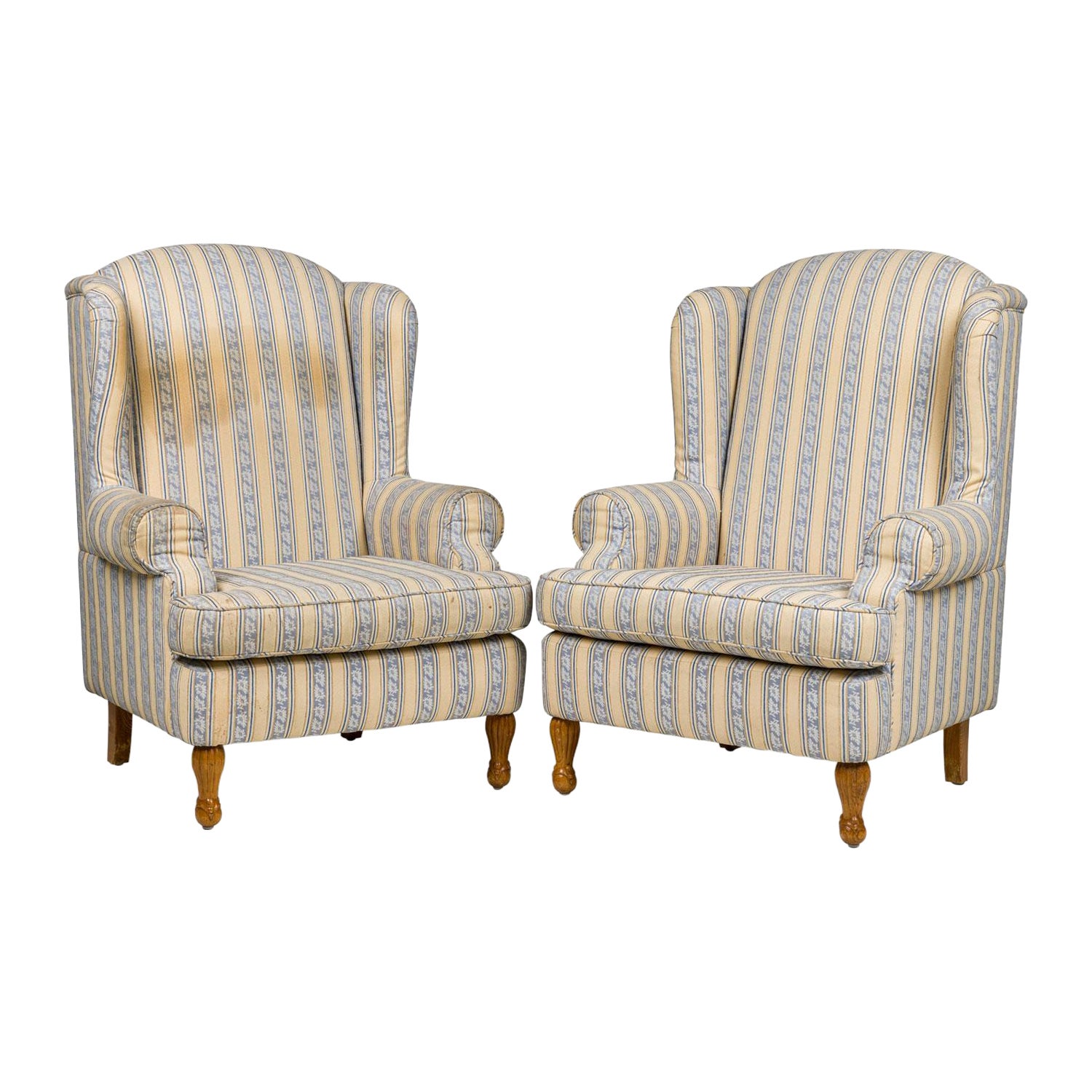 Pair of English Queen Anne Blue and Off-White striped WIng Back Chairs For Sale