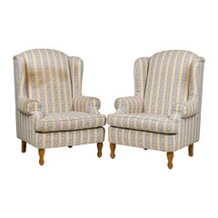Pair of English Queen Anne Blue and Off-White striped WIng Back Chairs Pair of English Queen Anne Blue and Off-White striped WIng Back Chairs