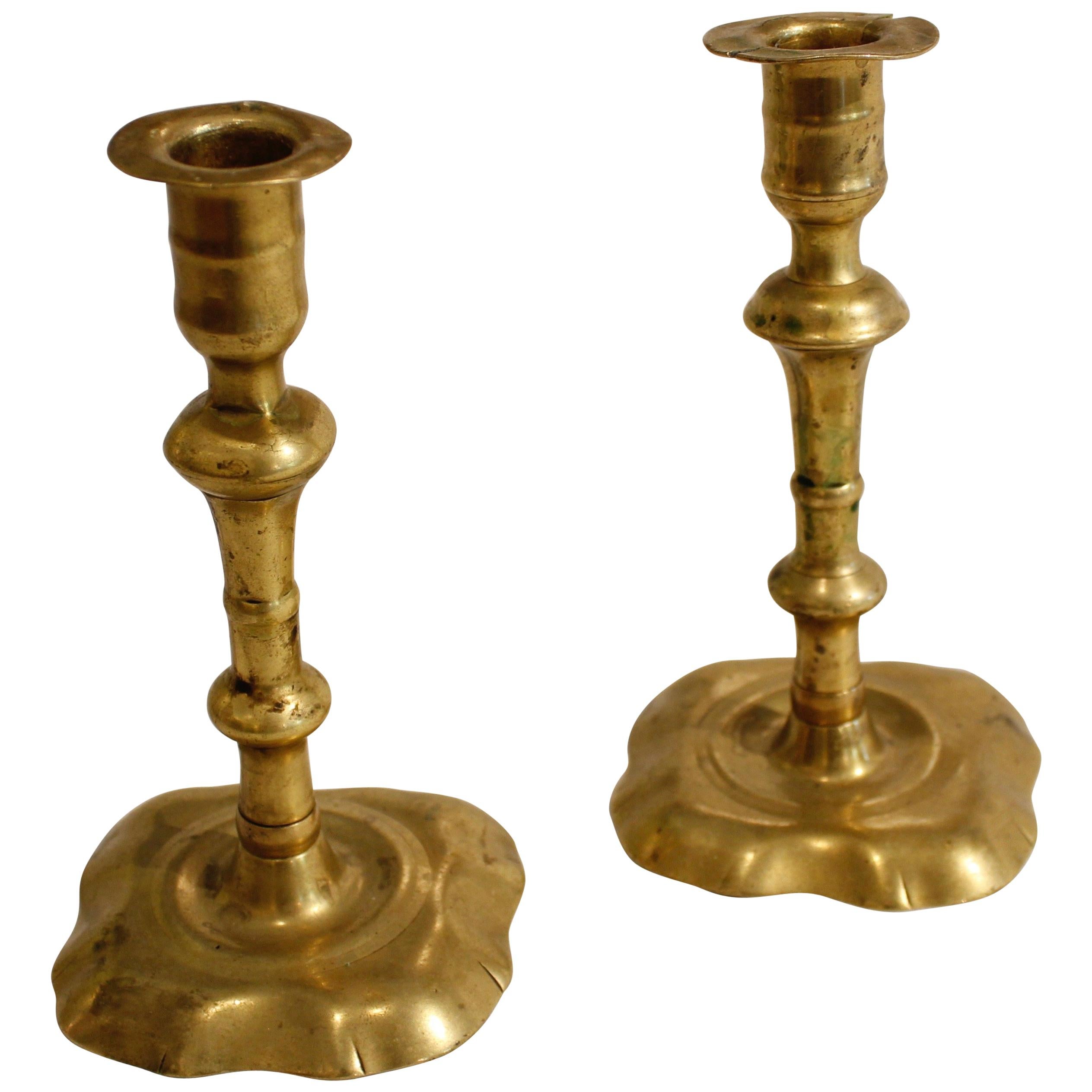 Pair of English Queen Anne Brass Candlesticks For Sale