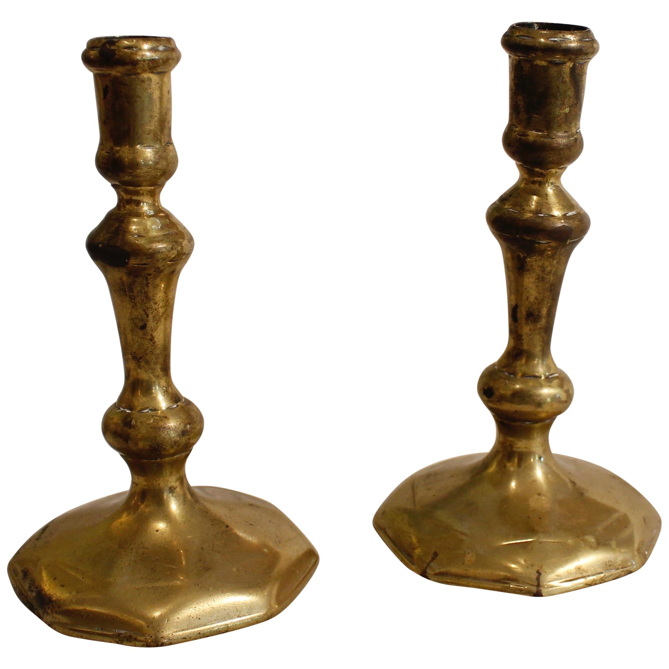 Pair of English Queen Anne Brass Candlesticks For Sale