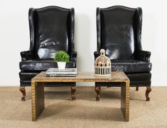 Pair of English Queen Anne Style Black Leather Wingback Chairs