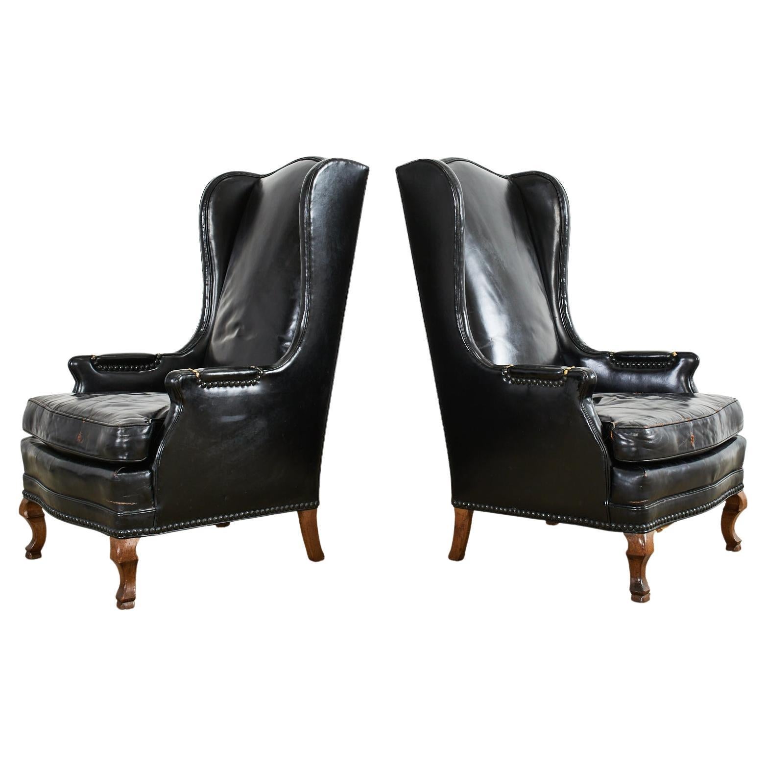 Pair of English Queen Anne Style Black Leather Wingback Chairs