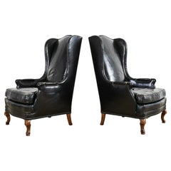 Vintage Pair of English Queen Anne Style Black Leather Wingback Chairs