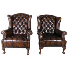Pair of English Queen Anne Style Leather Tufted Armchairs