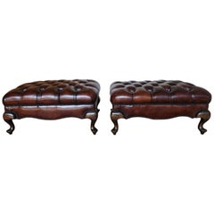 Pair of English Queen Anne Style Leather Tufted Benches