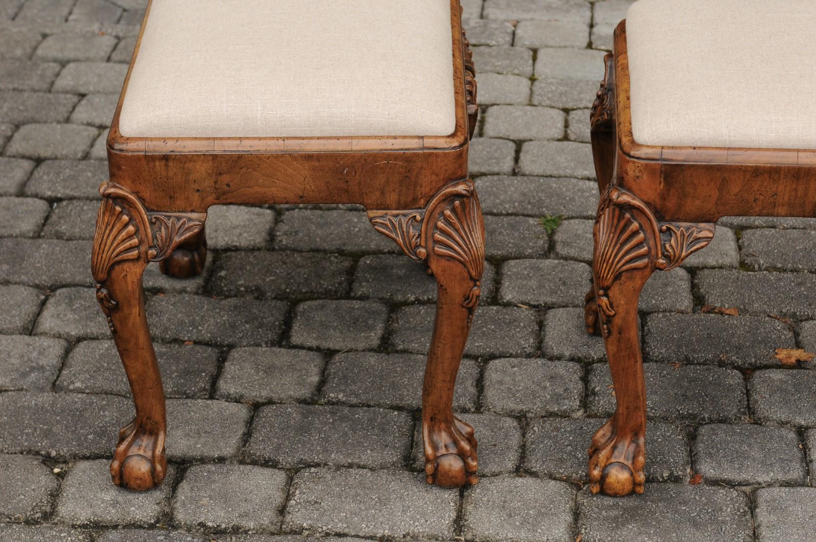 Pair of English Queen Anne Style Walnut Stools with Carved Shells and Upholstery For Sale 6