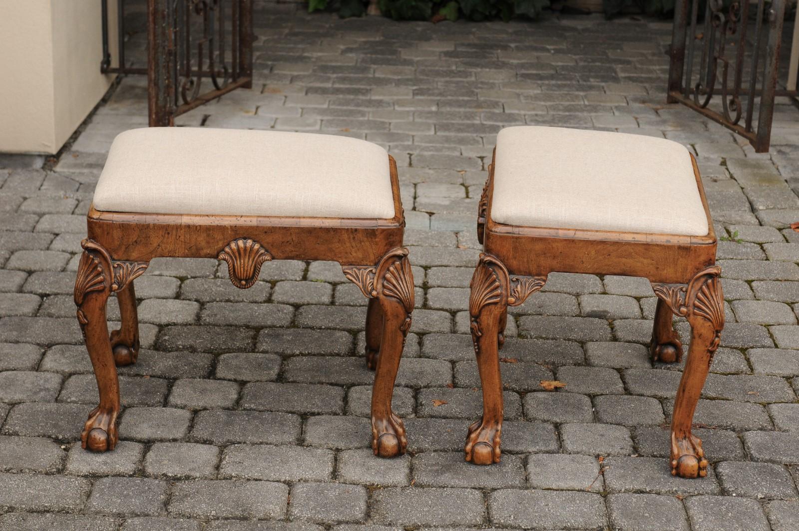 Pair of English Queen Anne Style Walnut Stools with Carved Shells and Upholstery For Sale 8