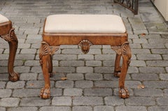 Pair of English Queen Anne Style Walnut Stools with Carved Shells and Upholstery