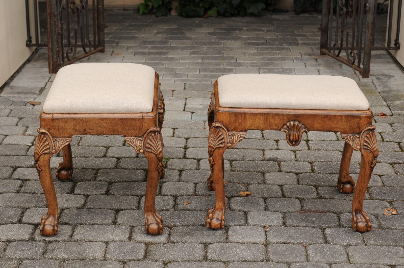 Pair of English Queen Anne Style Walnut Stools with Carved Shells and Upholstery For Sale 1