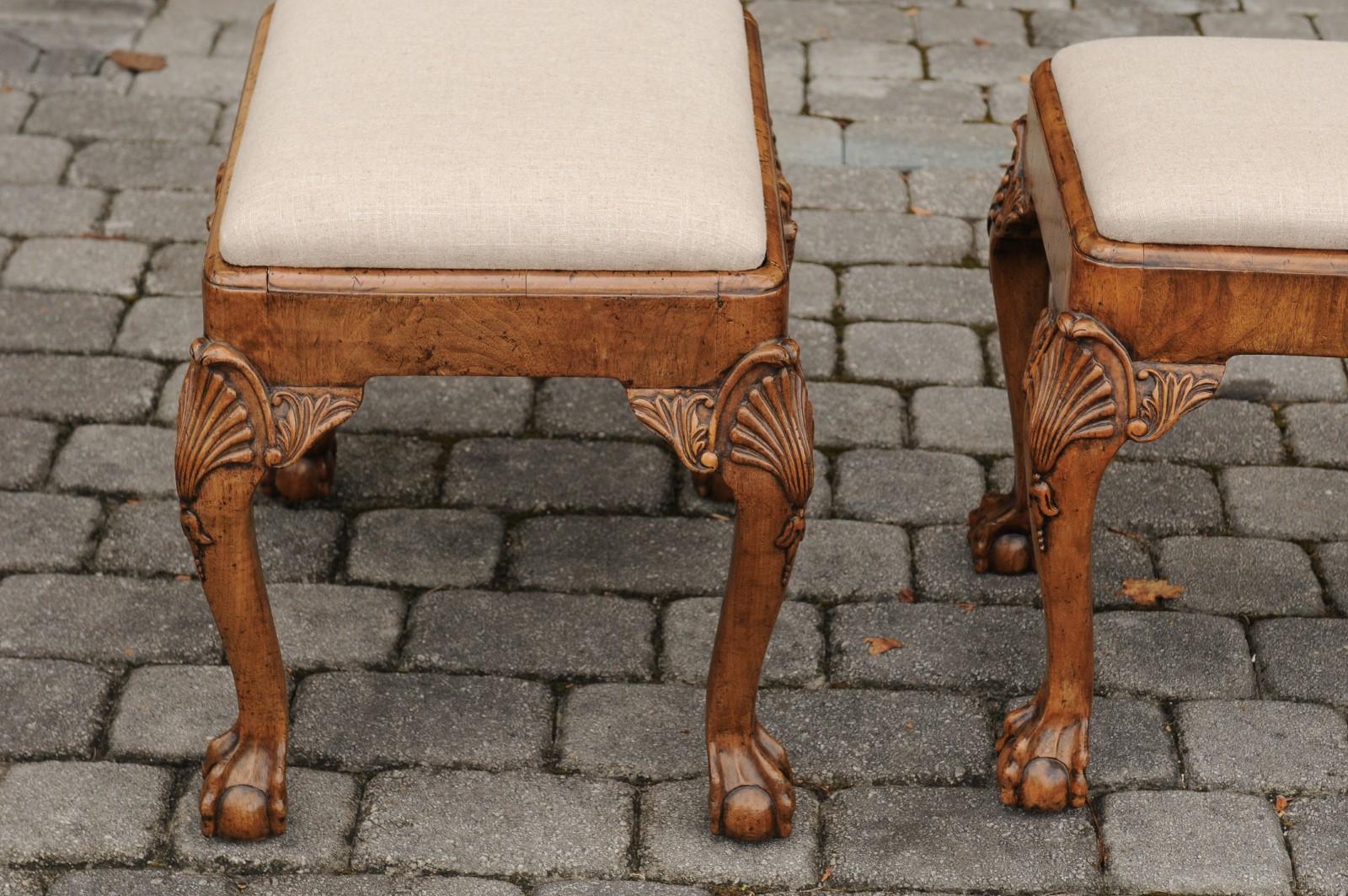 Pair of English Queen Anne Style Walnut Stools with Carved Shells and Upholstery For Sale 2