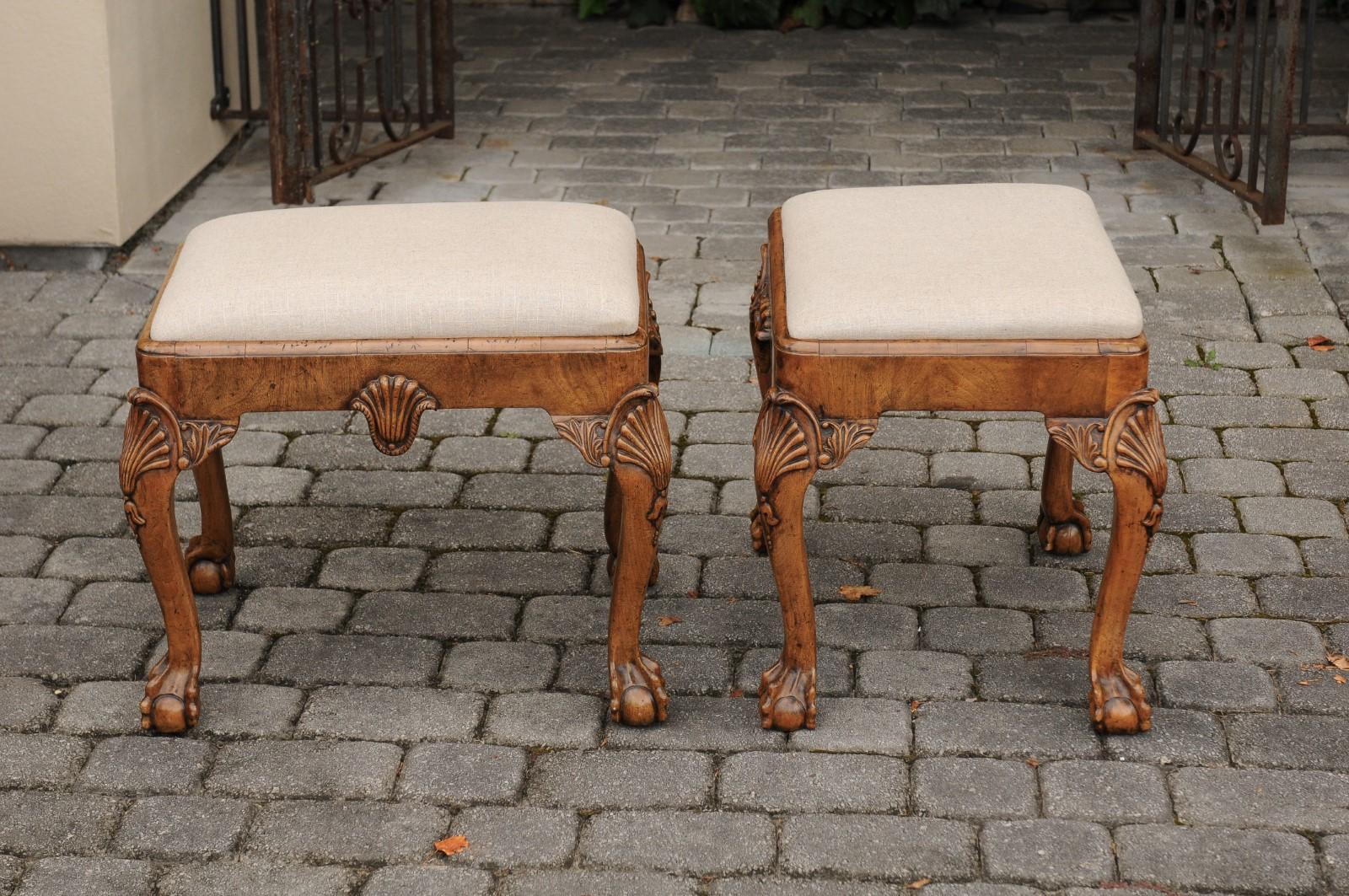 Pair of English Queen Anne Style Walnut Stools with Carved Shells and Upholstery For Sale 3