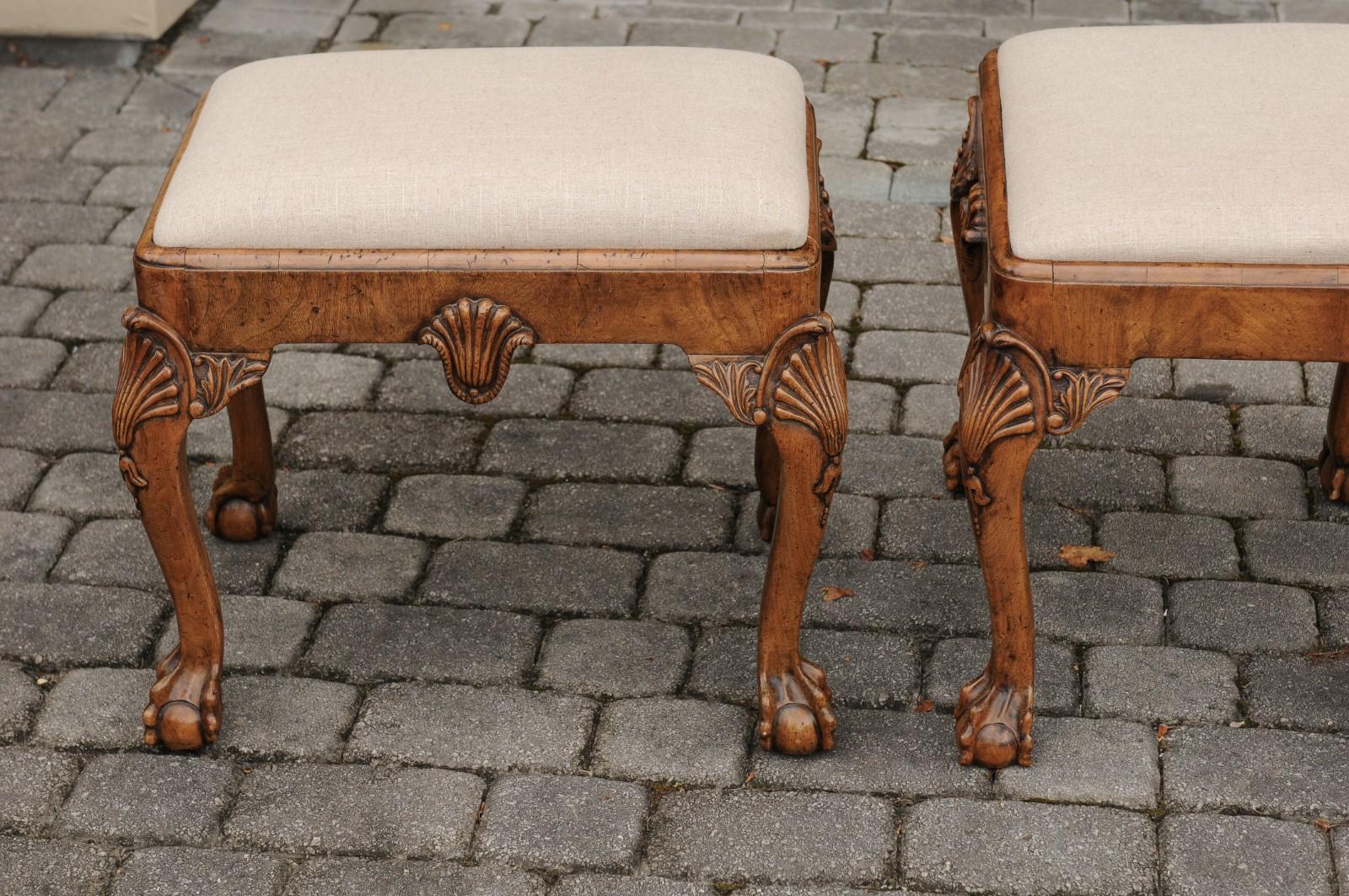 Pair of English Queen Anne Style Walnut Stools with Carved Shells and Upholstery For Sale 4