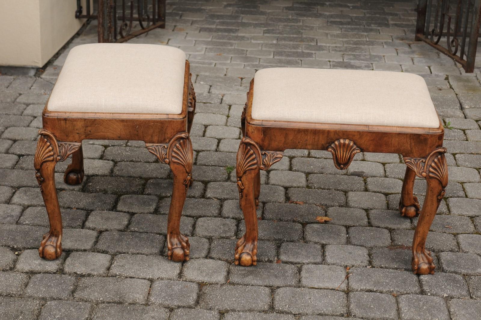 Pair of English Queen Anne Style Walnut Stools with Carved Shells and Upholstery For Sale 5