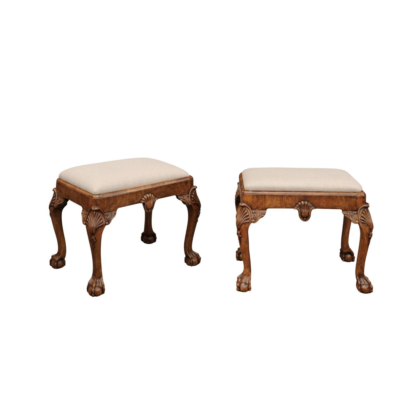 Pair of English Queen Anne Style Walnut Stools with Carved Shells and Upholstery For Sale