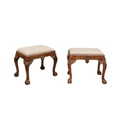 Antique Pair of English Queen Anne Style Walnut Stools with Carved Shells and Upholstery