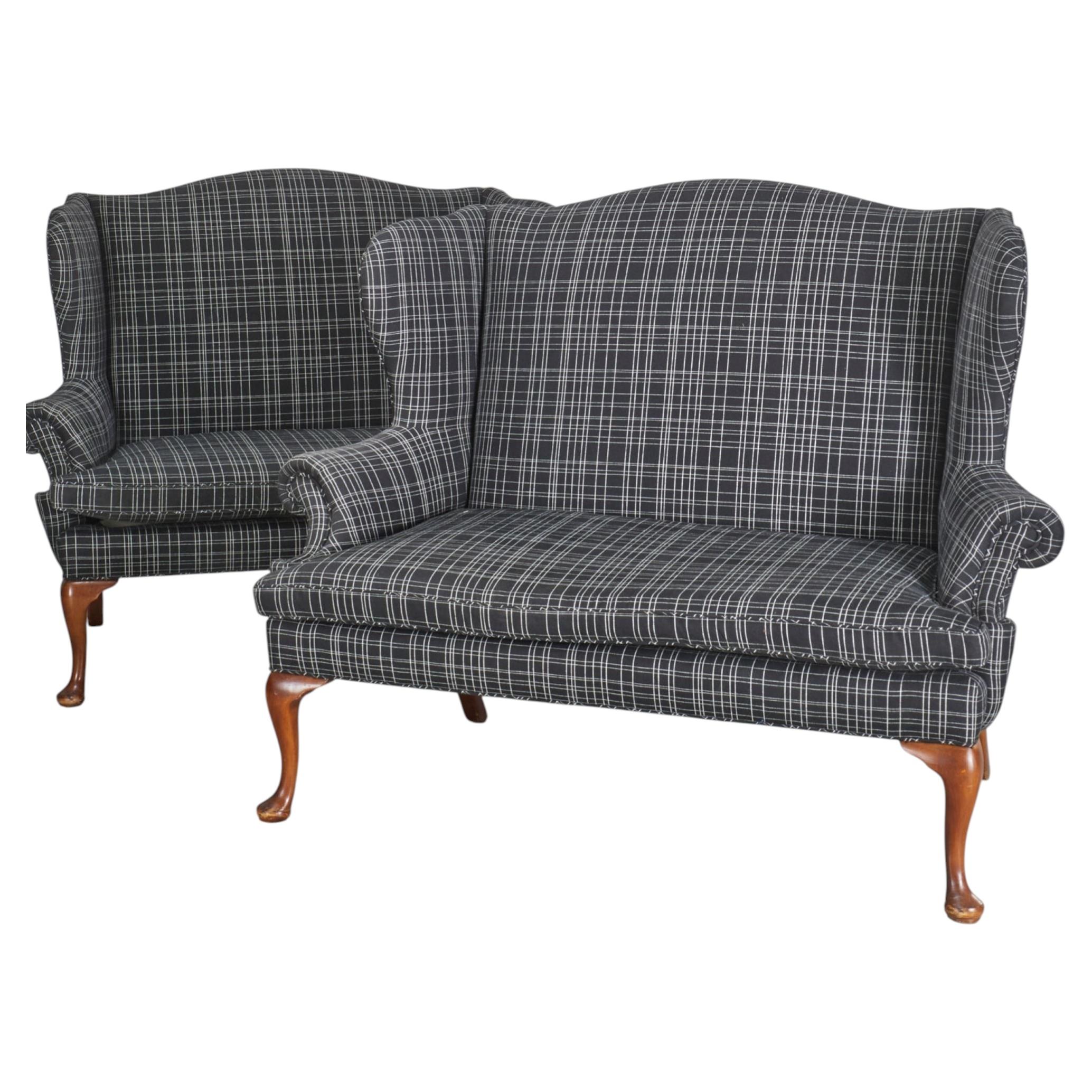 Pair of English Queen Anne Style Wingback Loveseats Upholstered in Plaid Fabric