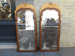 Pair of English Queen Anne Walnut Gilt Shell & Figural Wall Mirrors, Circa 1720