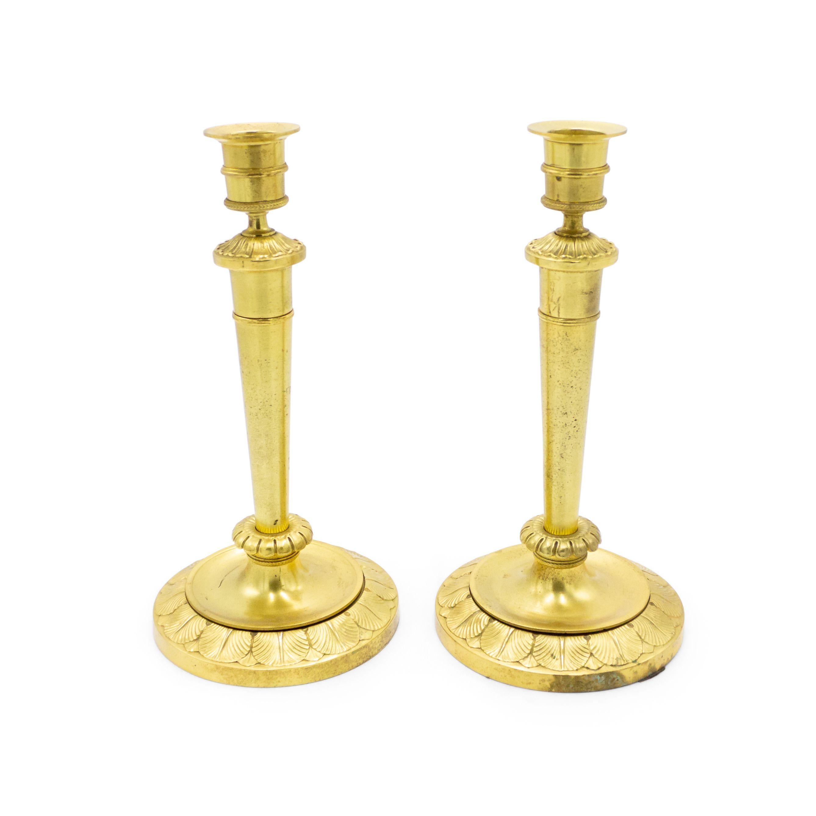PAIR of English Regency-style (19th Century) bronze dore candlesticks with tapered column (PRICED AS PAIR)