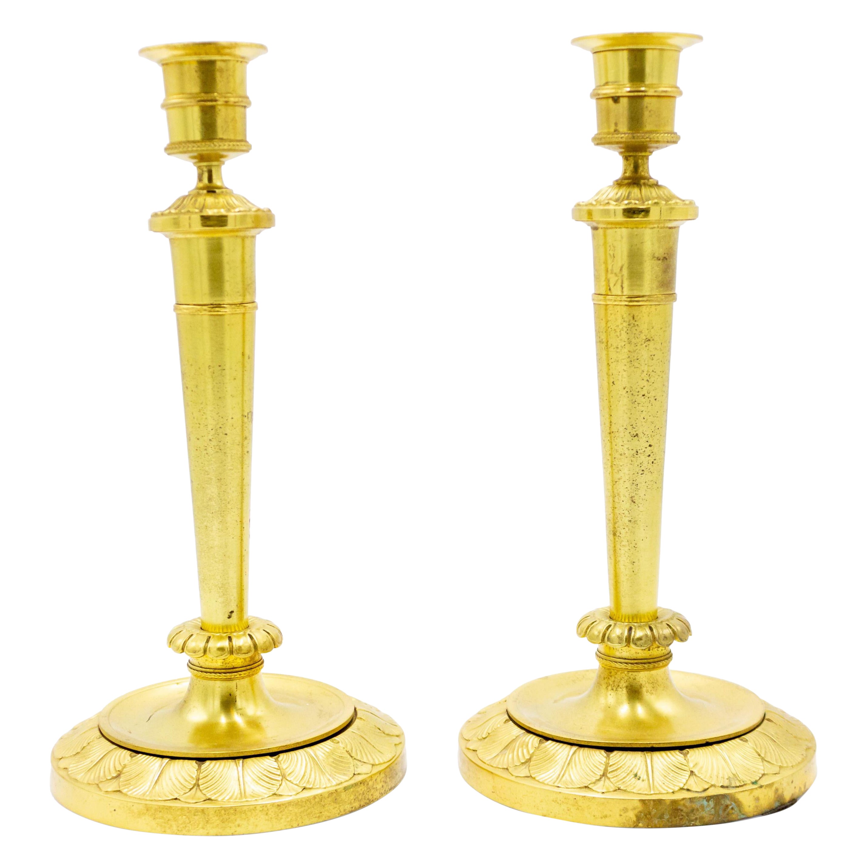 Pair of English Recency Bronze Dore Candlesticks For Sale