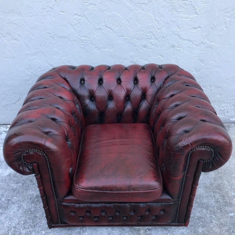 Pair of English Red Leather Chesterfield Club Chairs with Faux Bamboo