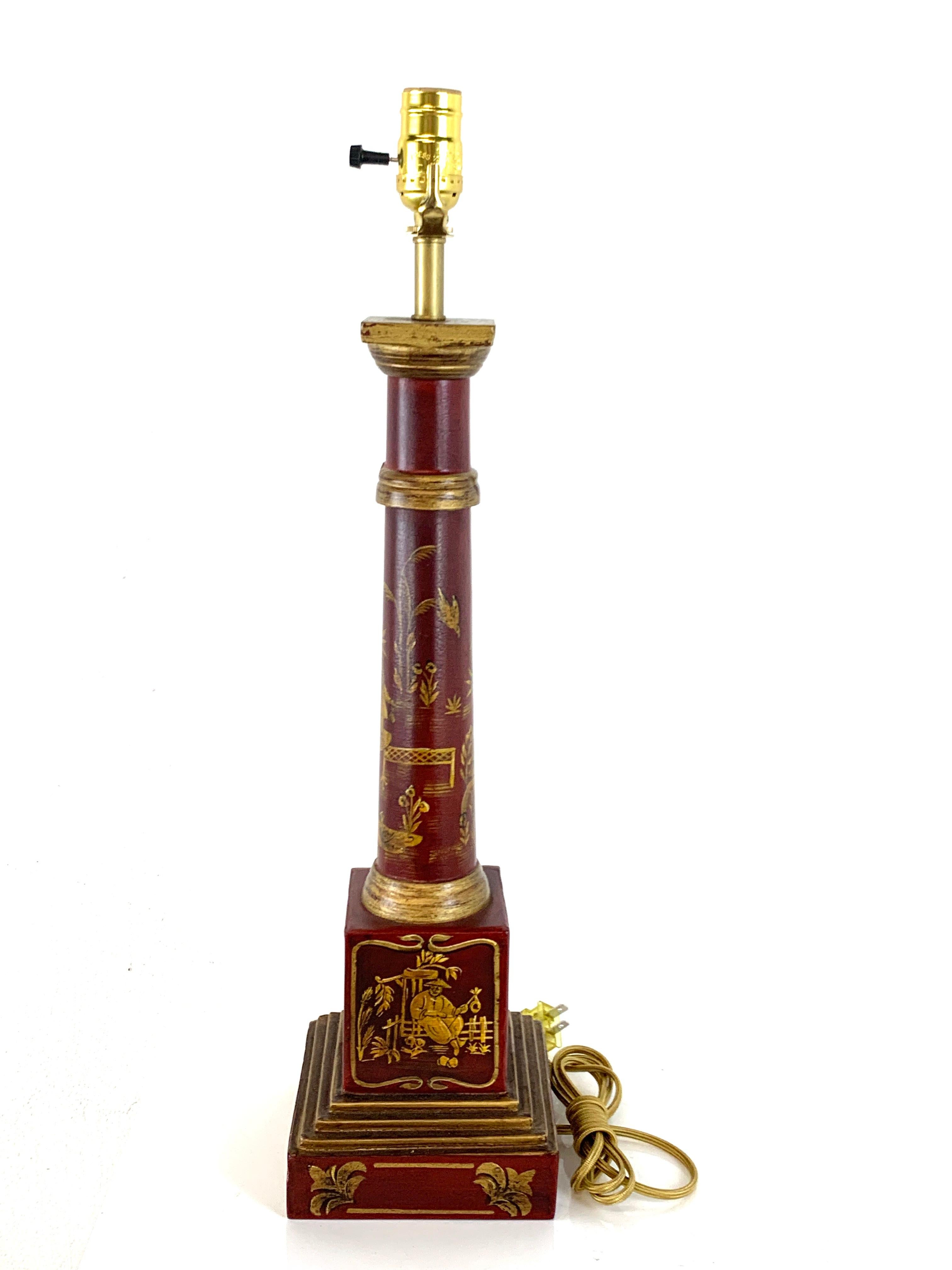 Pair of English Red Tole Gilt Chinoiserie Column Lamps 5