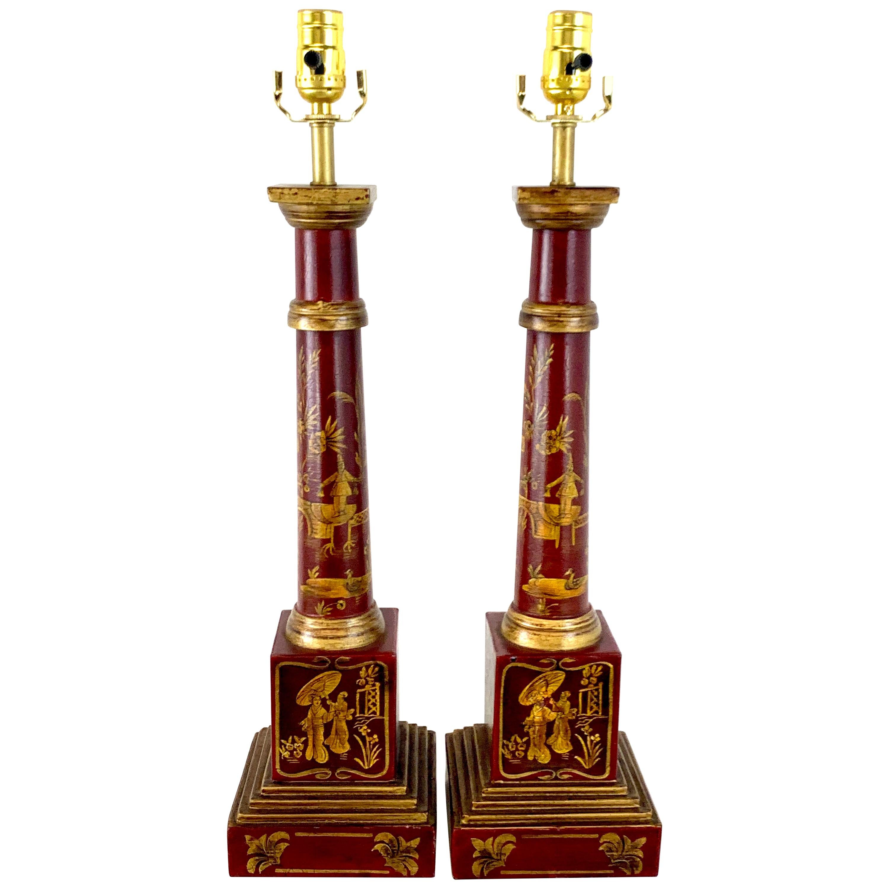 Pair of English Red Tole Gilt Chinoiserie Column Lamps