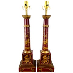 Pair of English Red Tole Gilt Chinoiserie Column Lamps