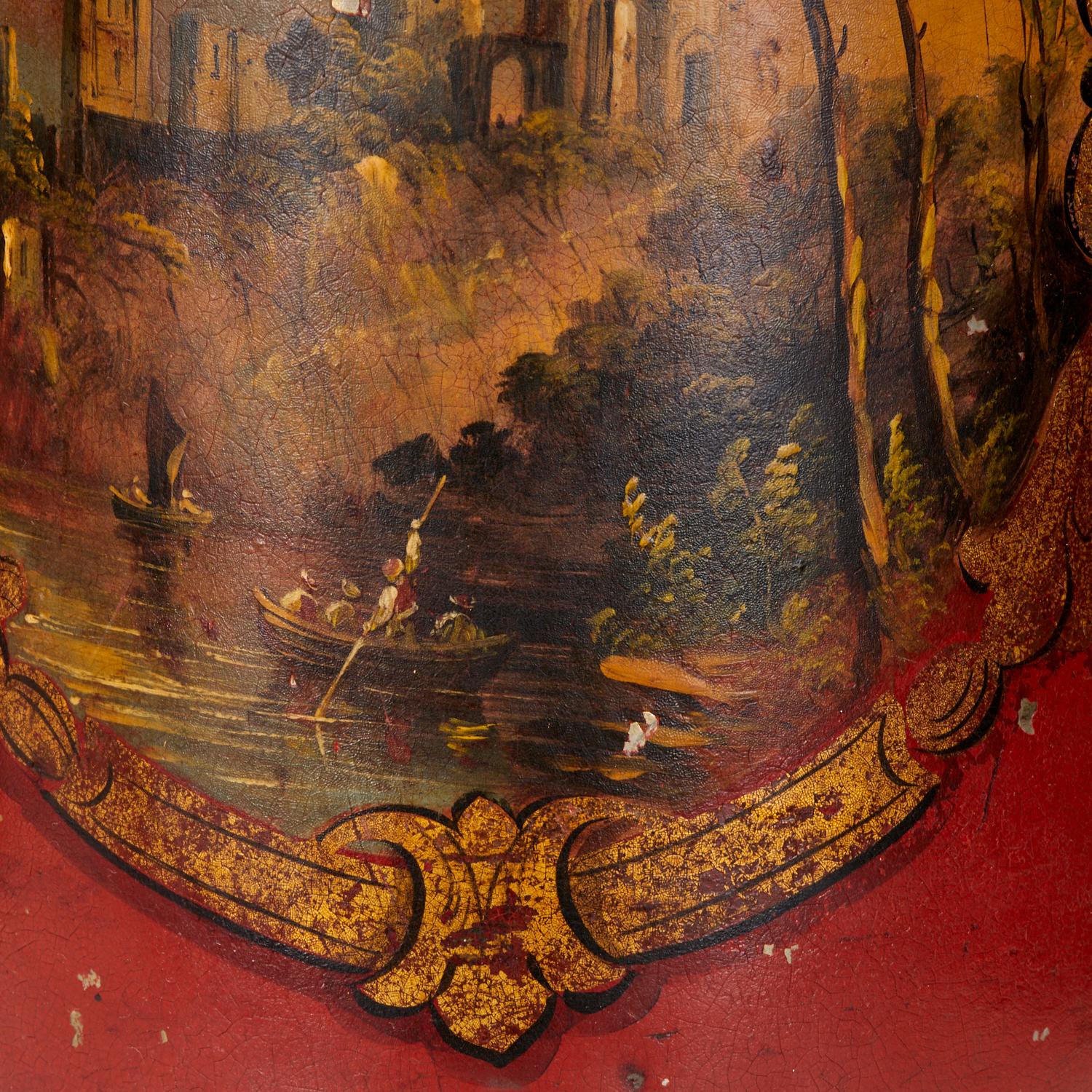 Inglese Coppia di lampade da tè inglesi in tole peinte rosse con paesaggi orientaleggianti in vendita