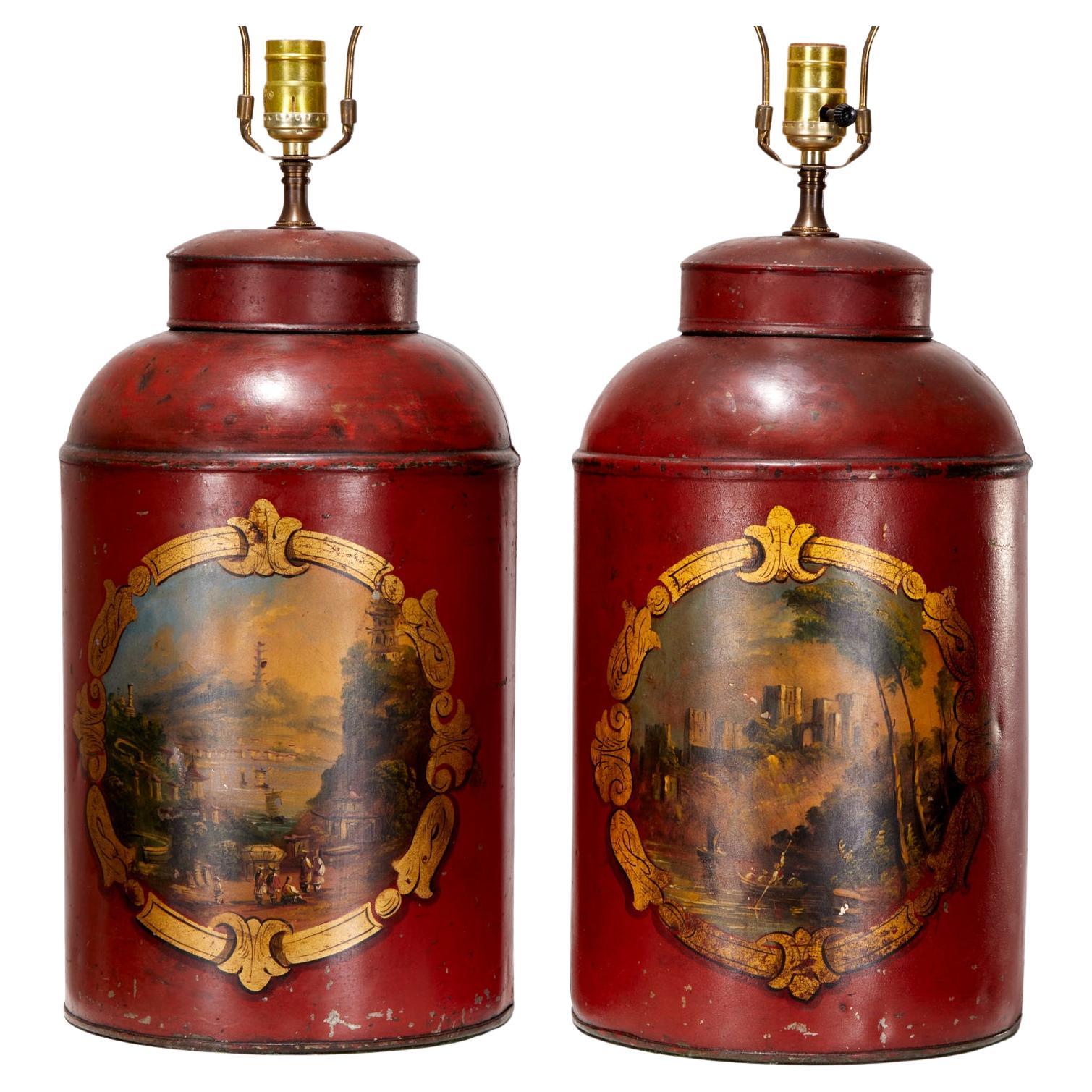 Pair of English Red Tole Peinte Tea Canister Lamps with Orientalist Landscapes