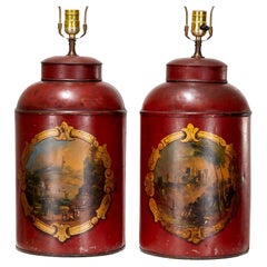 Antique Pair of English Red Tole Peinte Tea Canister Lamps with Orientalist Landscapes